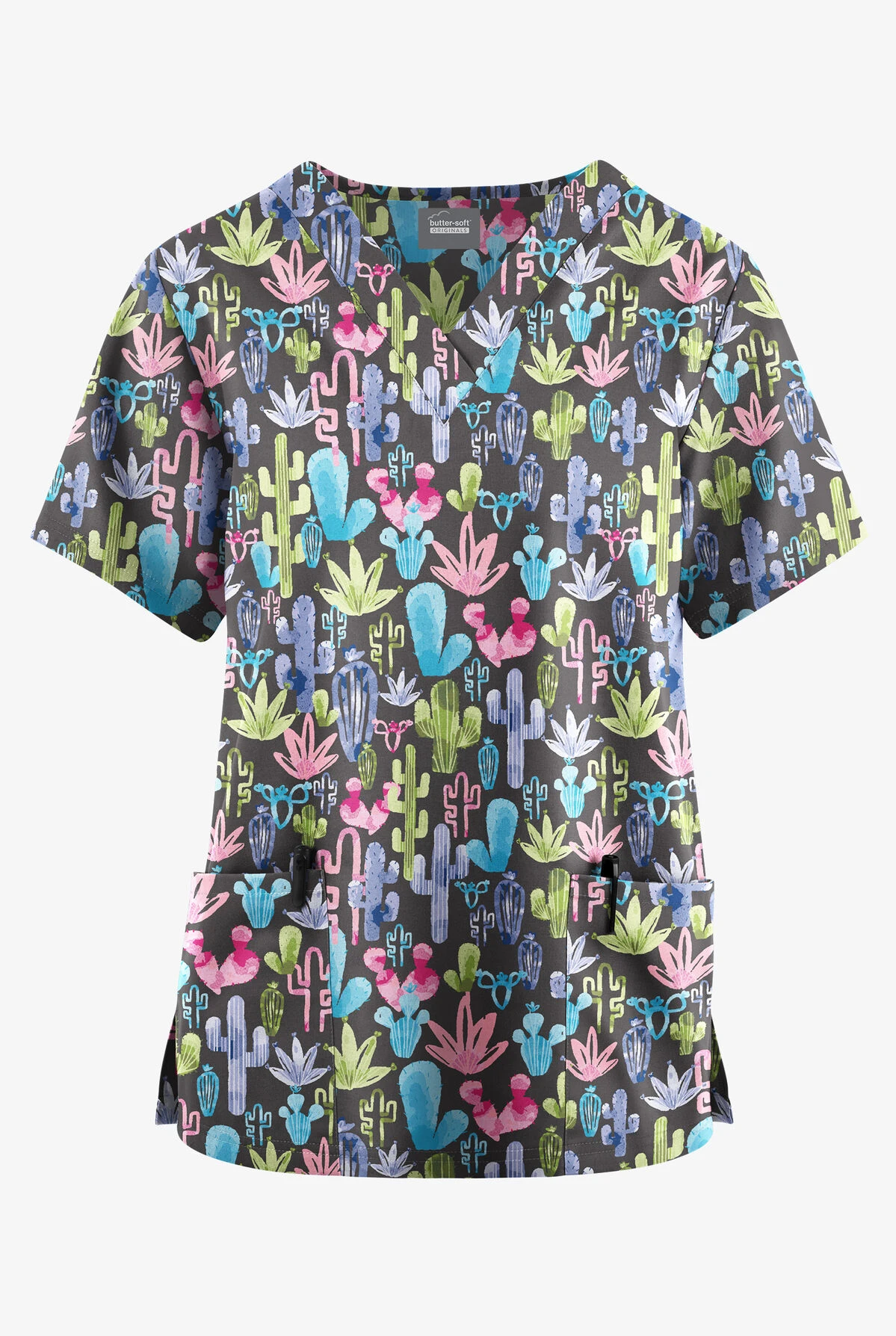 Butter-Soft Originals Desert Cactus Pewter Women's 2-Pocket Classic Fit V-Neck Printed Scrub Top Butter-Soft Originals Desert Cactus Pewter Women's 2-Pocket Classic Fit V-Neck Printed Scrub Top -Cherokee Shop BSN1162DCPW 1
