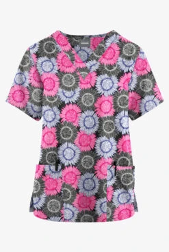 Butter-Soft Originals Sunflower Field Black Printed Women's 2-Pocket Classic Fit V-Neck Scrub Top