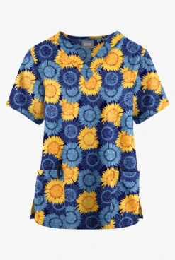 Butter-Soft Originals Sunflower Field Navy Women's 2-Pocket Classic Fit V-Neck Printed Scrub Top