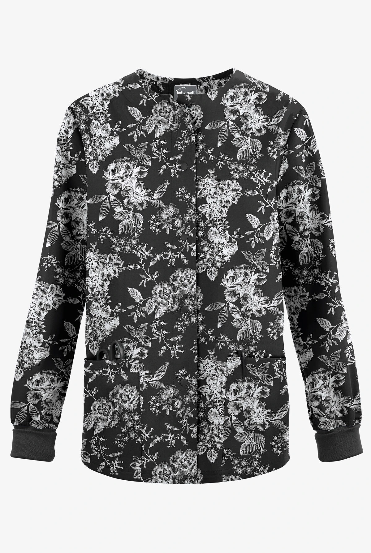 Butter-Soft Originals Etched Roses Women's 3-Pocket Warm-Up Printed Scrub Jacket Butter-Soft Originals Etched Roses Women's 3-Pocket Warm-Up Printed Scrub Jacket -Cherokee Shop BSN1182ERBL 092623 1