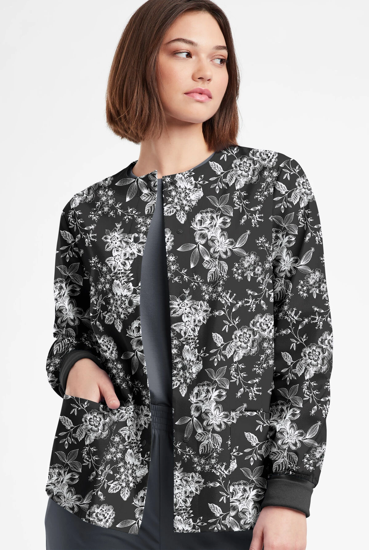 Butter-Soft Originals Etched Roses Women's 3-Pocket Warm-Up Printed Scrub Jacket Butter-Soft Originals Etched Roses Women's 3-Pocket Warm-Up Printed Scrub Jacket -Cherokee Shop BSN1182ERBL 092623 2