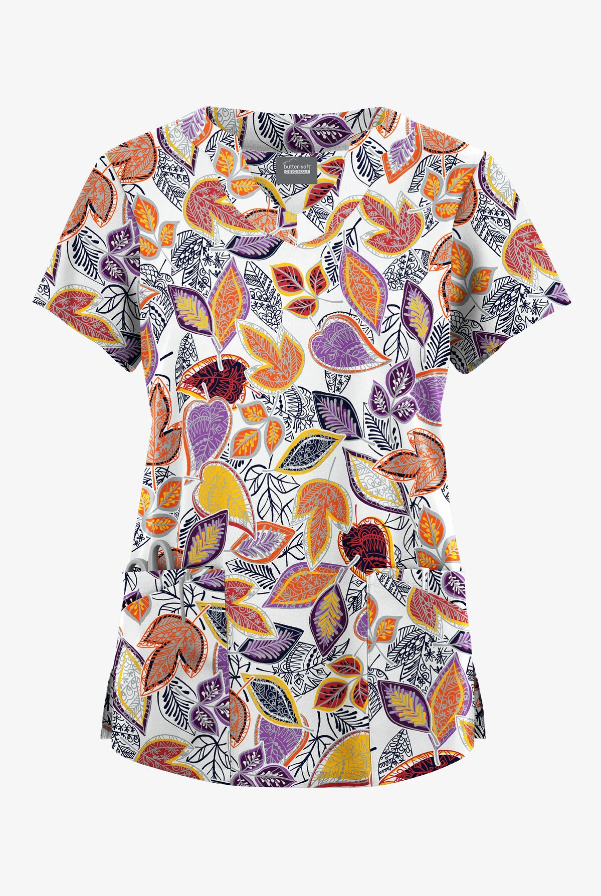 Butter-Soft Originals Filigree Leaves White Printed Women's 6-Pocket Scallop Neck Scrub Top Butter-Soft Originals Filigree Leaves White Printed Women's 6-Pocket Scallop Neck Scrub Top -Cherokee Shop BSN1194FGWT 1