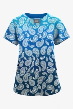 Butter-Soft Originals Paisley Gradient Turquoise Women's 2-Pocket Scallop Neck Printed Scrub TopĀ