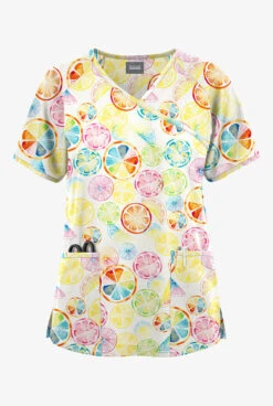 Butter-Soft Originals Citrus Slice Women's 3-Pocket Mock Wrap Raglan Sleeve Printed Scrub Top