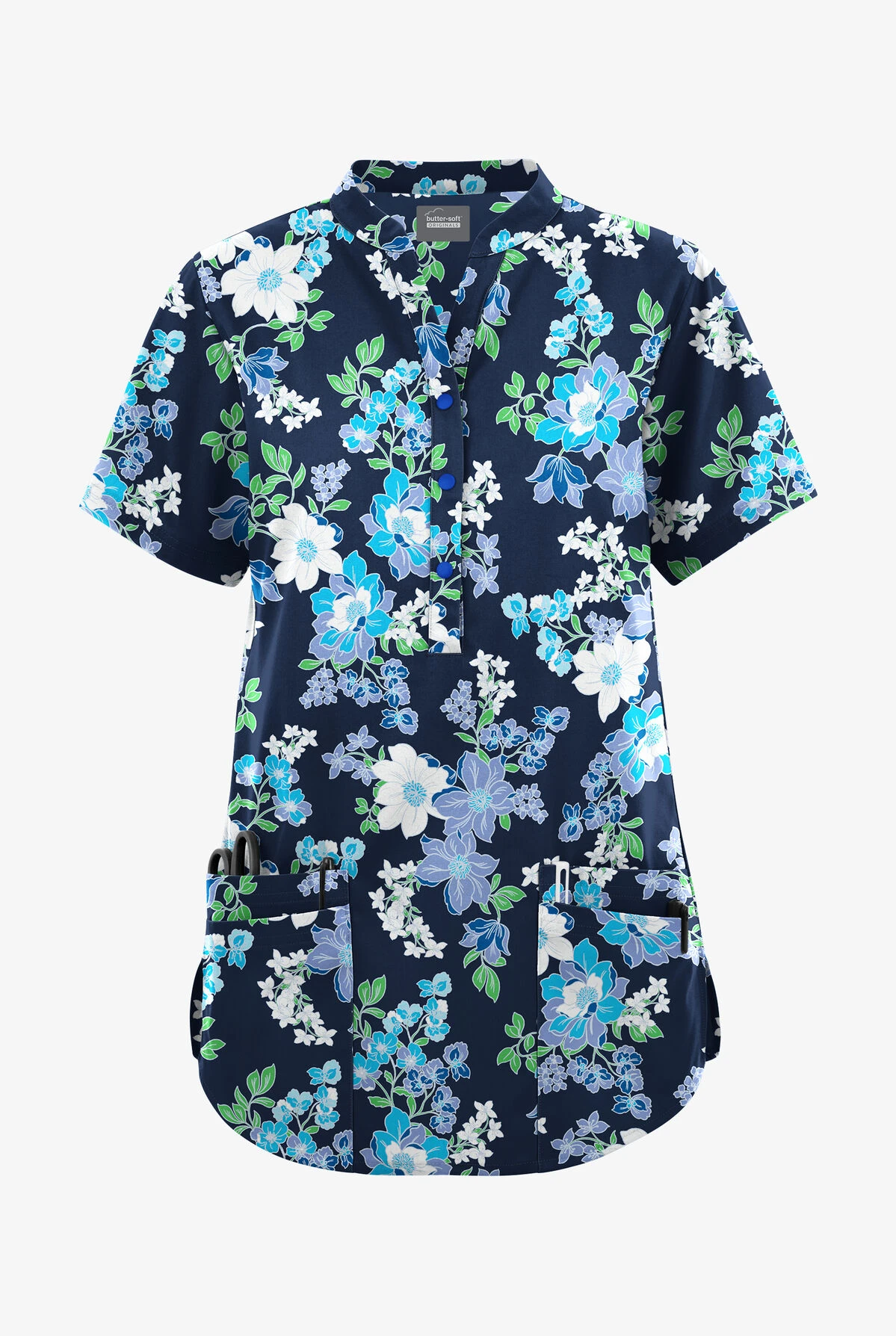 Butter-Soft Originals Florentine Floral Navy Women's 6-Pocket Mandarin Collar Printed Scrub Top Butter-Soft Originals Florentine Floral Navy Women's 6-Pocket Mandarin Collar Printed Scrub Top -Cherokee Shop BSN1578FFNV 092223 1