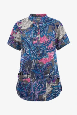 Butter-Soft Originals Layered Paisley Grey Stone Women's 6-Pocket Mandarin Collar Printed Scrub Top