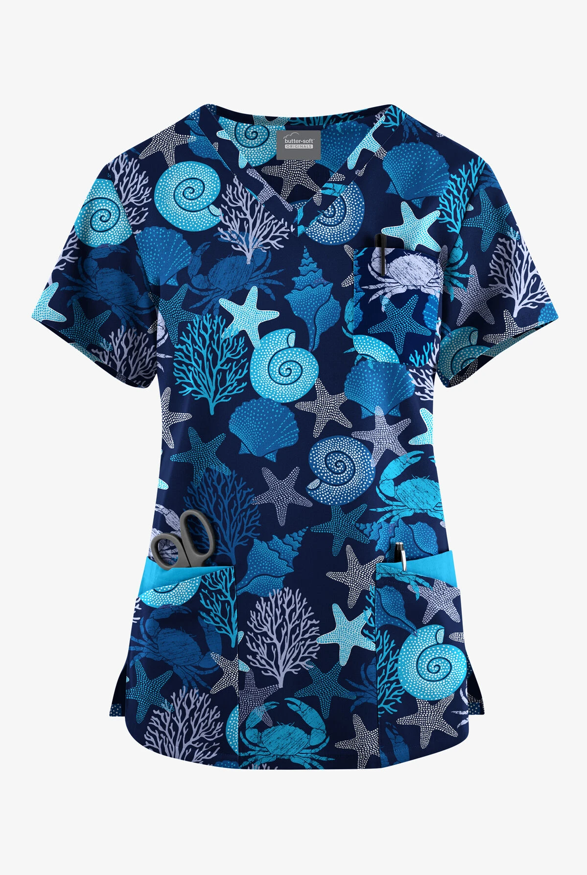 Butter-Soft Originals Beach Day Navy Women's 7-Pocket Curved V-Neck Printed Scrub Top Butter-Soft Originals Beach Day Navy Women's 7-Pocket Curved V-Neck Printed Scrub Top -Cherokee Shop BSN1638BDNV 092023 1