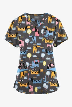 Butter-Soft Originals Meeting In The Park Pewter Women's 7-Pocket Rounded V-Neck Printed Scrub Top