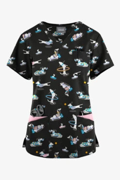 Butter-Soft Originals Playful Dachshunds Women's 7-Pocket Curved V-Neck Printed Scrub Top