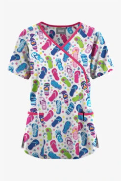 Butter-Soft Originals Flip Flop Fun Royal Women's 3-Pocket Mock Wrap With Ties Printed Scrub Top