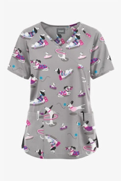 Butter-Soft Originals Playful Dachshunds Women's 3-Pocket Mock Wrap With Ties Printed Scrub Top