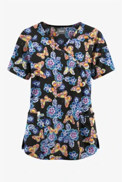 Butter-Soft Originals Spring Day Women's 3-Pocket Mock Wrap With Ties Printed Scrub Top