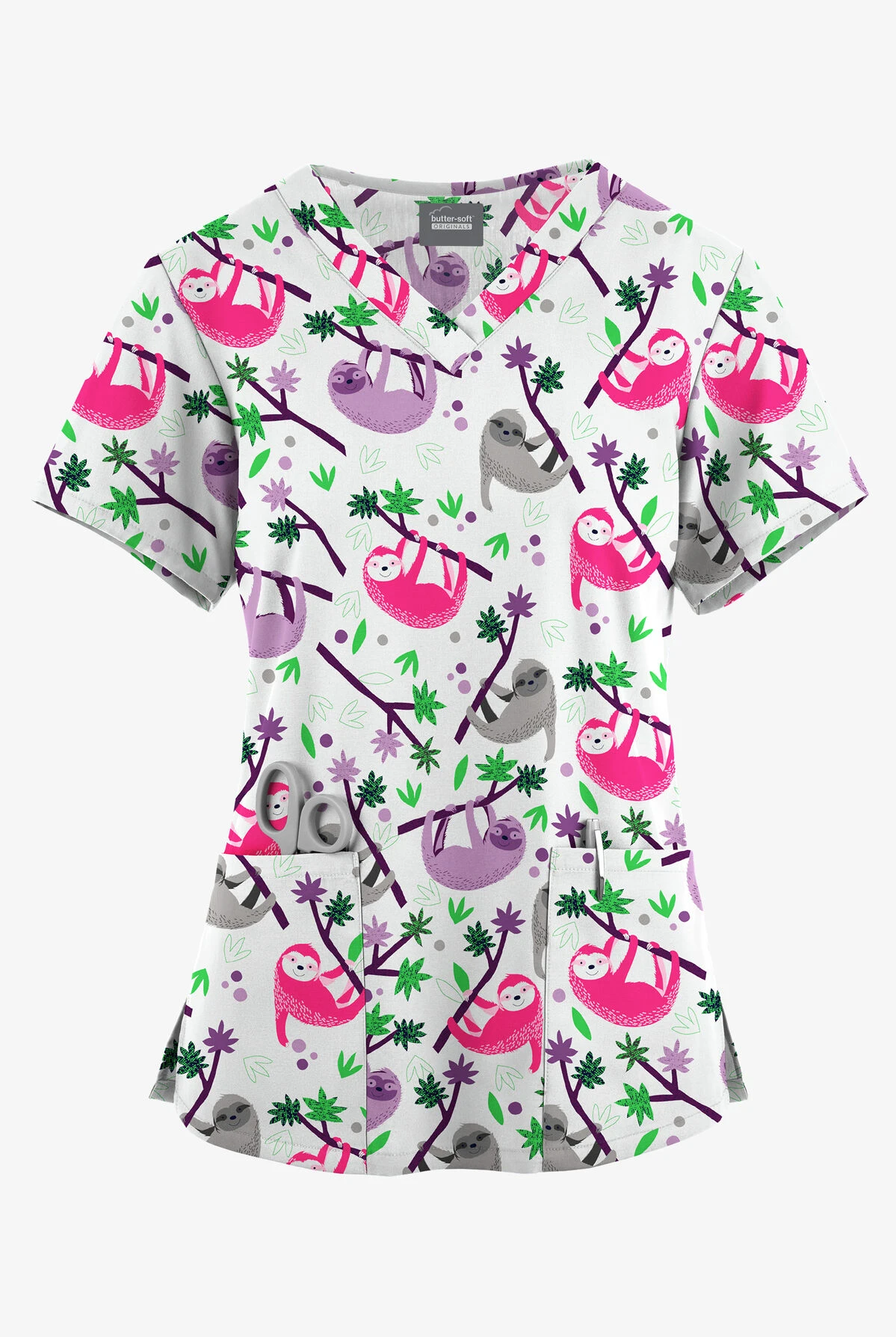 Butter-Soft Originals Slew Of Sloths White Printed Women's 4-Pocket Rounded V-Neck Scrub Top Butter-Soft Originals Slew Of Sloths White Printed Women's 4-Pocket Rounded V-Neck Scrub Top -Cherokee Shop BSN2697SOWT 092723 1
