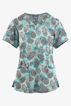 Butter-Soft Originals Winter Pine Cones Sea Frost Women's 4-Pocket Rounded V-Neck Printed Scrub Top