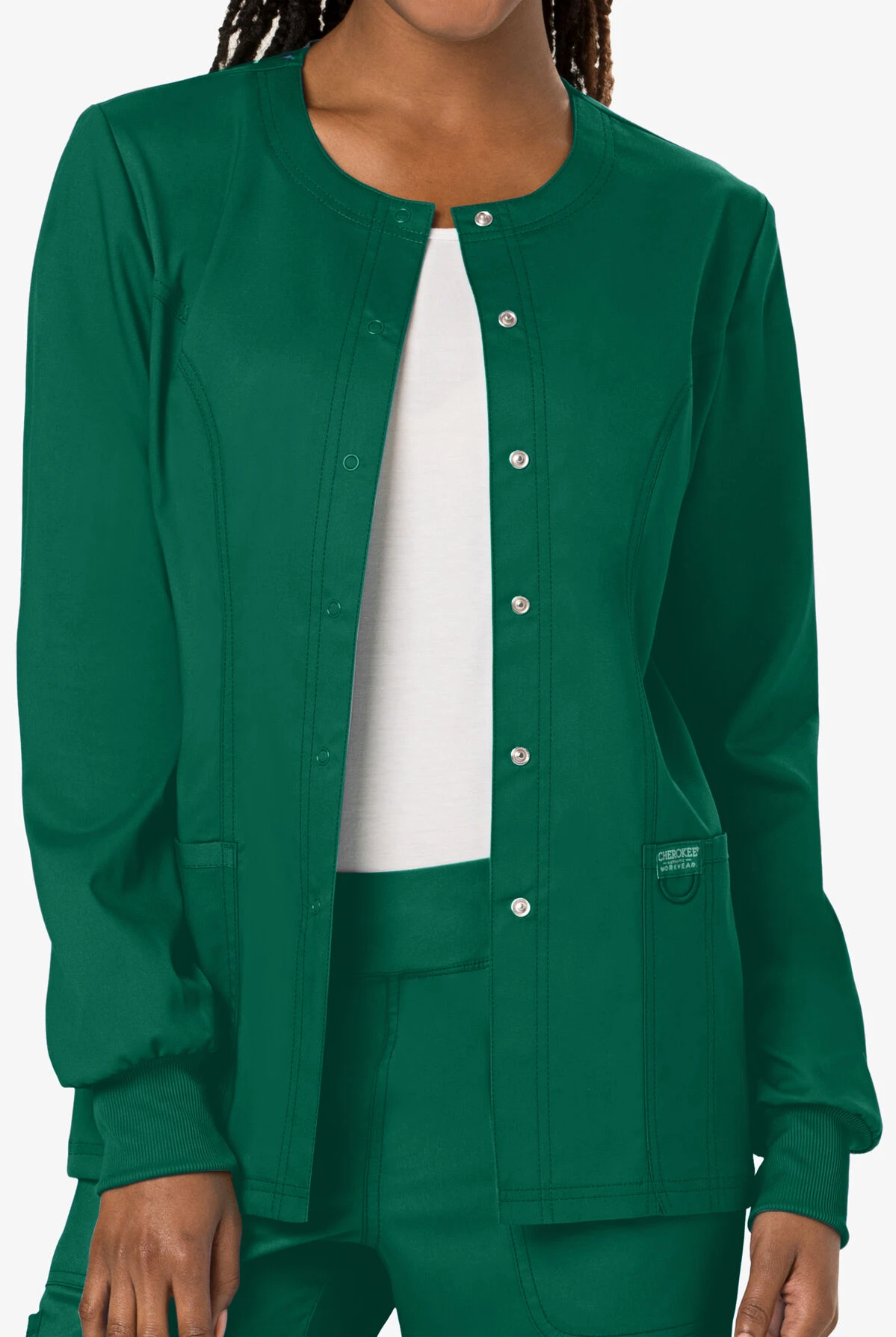 Cherokee Workwear Revolution Women's 3-Pocket STRETCH Snap Front Scrub Jacket Cherokee Workwear Revolution Women's 3-Pocket STRETCH Snap Front Scrub Jacket -Cherokee Shop CK310 HUNTE 3 HV