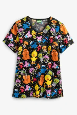Cherokee Tooniforms Sesame Street Mini Sesame Women's 3-Pocket V-Neck Print Scrub Top