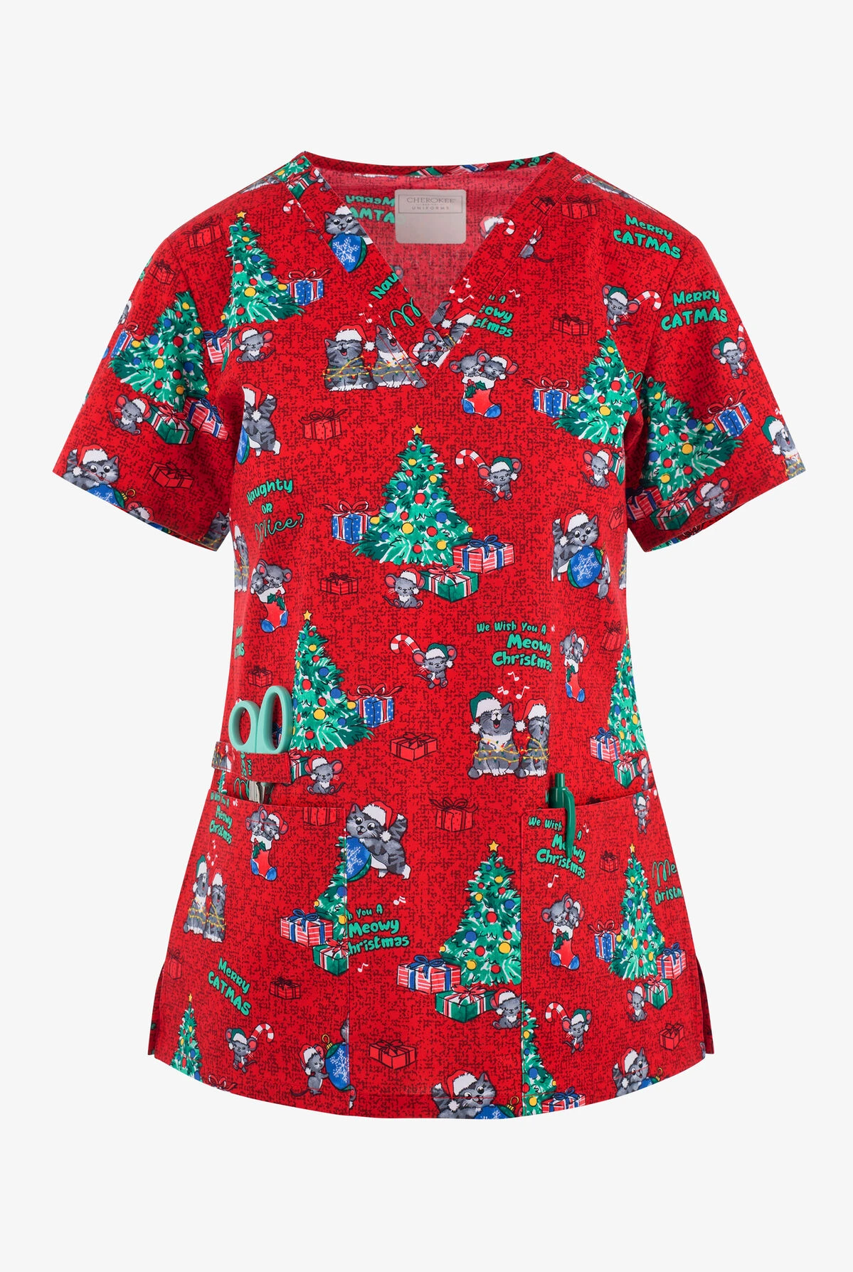 Cherokee Genuine Meowy Christmouse Women's 2-Pocket STRETCH V-Neck Print Scrub Top Cherokee Genuine Meowy Christmouse Women's 2-Pocket STRETCH V-Neck Print Scrub Top -Cherokee Shop CK616MWCM 101223 1