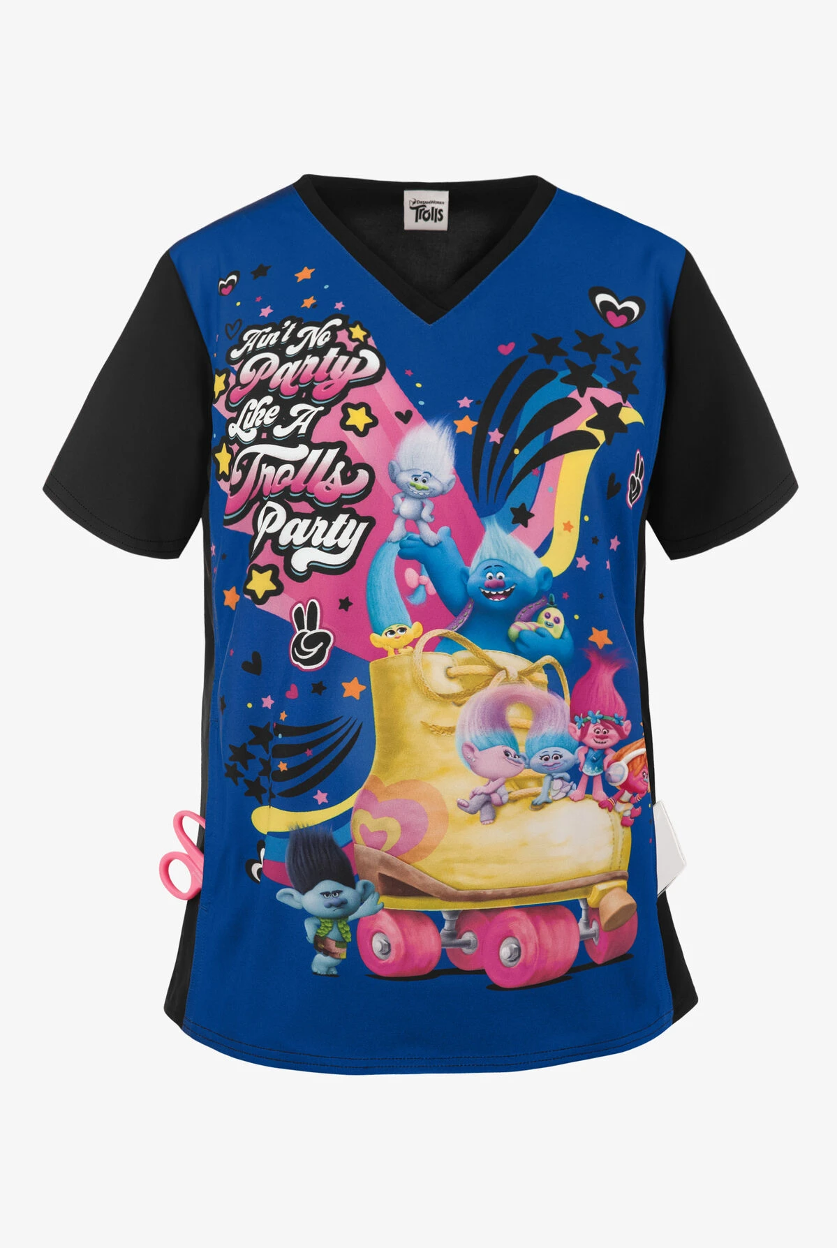 Cherokee Tooniforms DreamWorks Trolls Party Women's 1-Pocket V-Neck Print Scrub Top Cherokee Tooniforms DreamWorks Trolls Party Women's 1-Pocket V-Neck Print Scrub Top -Cherokee Shop CK627TOP 1