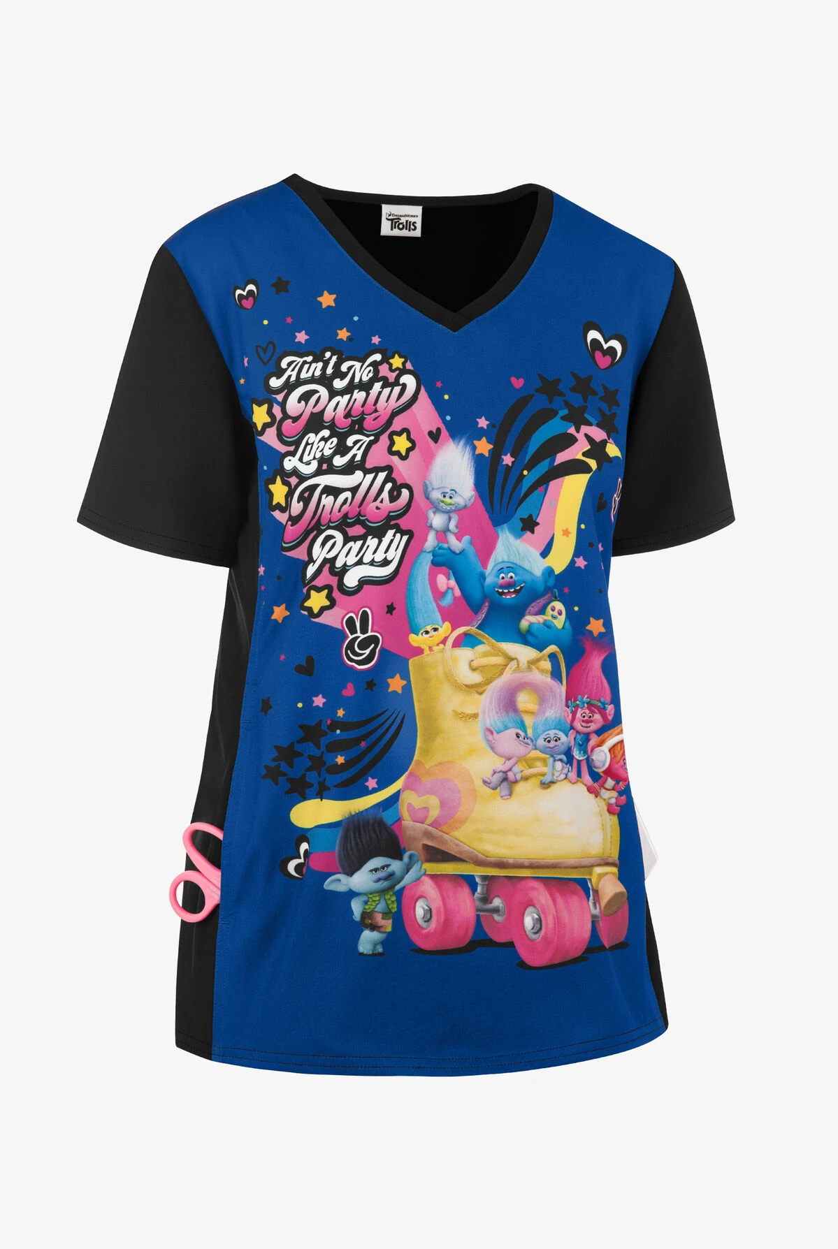 Cherokee Tooniforms DreamWorks Trolls Party Women's 1-Pocket V-Neck Print Scrub Top Cherokee Tooniforms DreamWorks Trolls Party Women's 1-Pocket V-Neck Print Scrub Top -Cherokee Shop CK627TOP 3