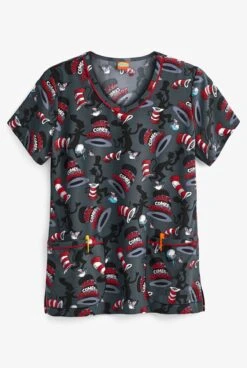 Cherokee Tooniforms Dr. Seuss Here Comes Trouble Women's 2-Pocket V-Neck Print Scrub Top