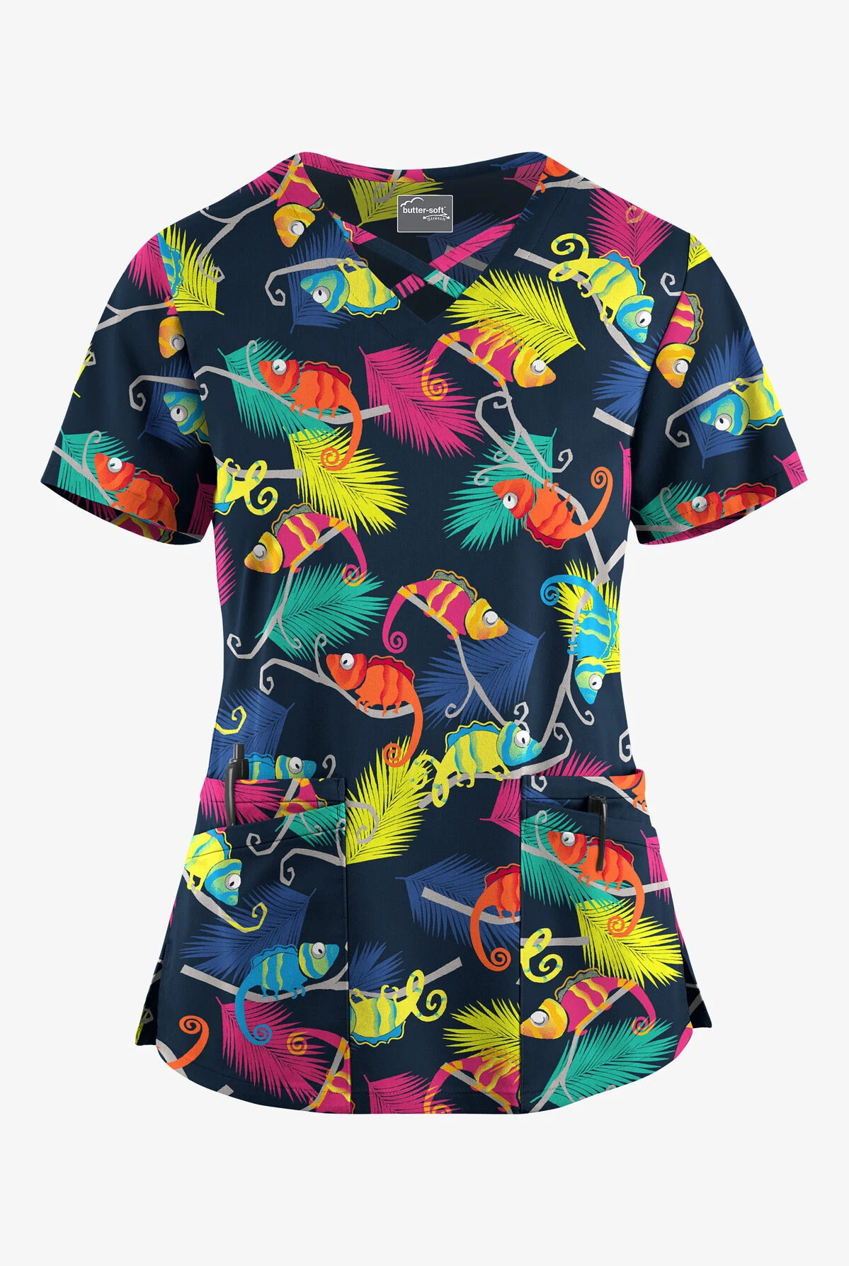 UA Butter-Soft STRETCH Chameleon Adventure Navy Women's 4-Pocket Crisscross Printed Scrub Top UA Butter-Soft STRETCH Chameleon Adventure Navy Women's 4-Pocket Crisscross Printed Scrub Top -Cherokee Shop CS756CANV 092823 1