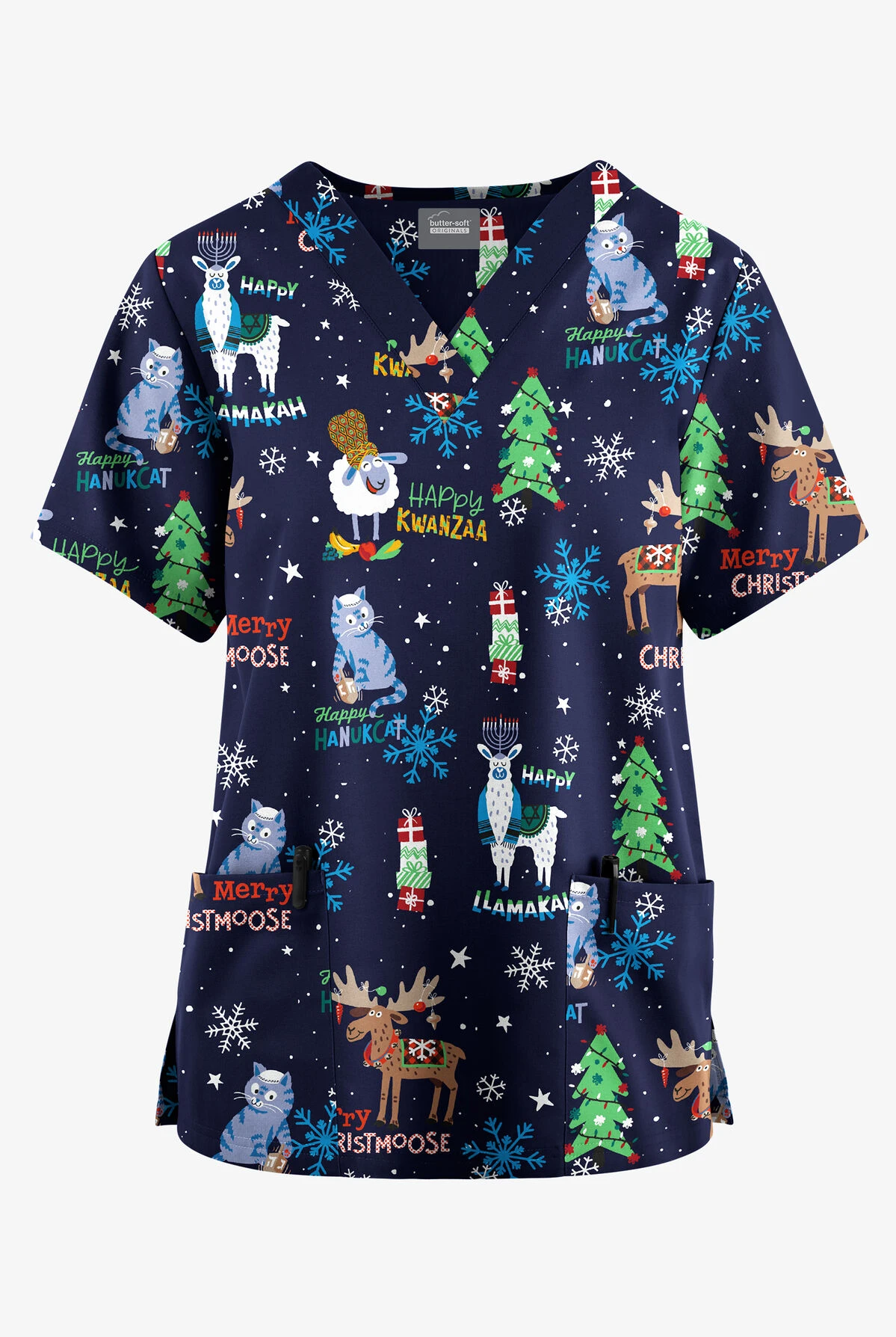 Butter-Soft Originals Chrismahanv Kwanzakah Women's 2-Pocket Classic Fit V-Neck Printed Scrub Top Butter-Soft Originals Chrismahanv Kwanzakah Women's 2-Pocket Classic Fit V-Neck Printed Scrub Top -Cherokee Shop H1162CHNV 092823 1
