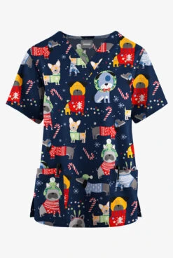 Butter-Soft Originals Cuddly Pups Navy Women's 2-Pocket Classic Fit V-Neck Printed Scrub Top