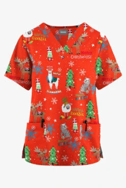 Butter-Soft Originals Christmas Hanukkah Kwanzaa 2-Pocket Classic Fit V-Neck Printed Scrub Top