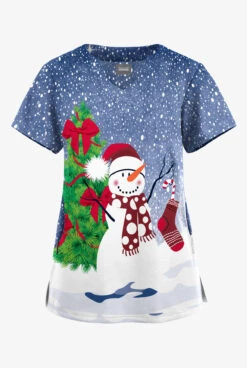 Butter-Soft Originals Festive Snowman Navy Women's 2-Pocket Scallop Neck Printed Scrub Top
