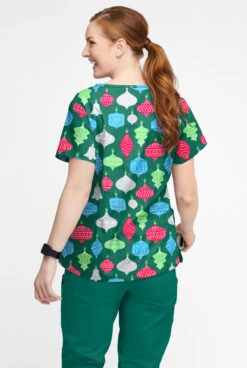 Butter-Soft Festive Ornaments Hunter Women’s 4-Pocket V Notch-Neck Print Scrub Top -Cherokee Shop H1531FOHT 3