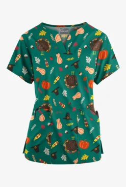 Butter-Soft Thanksgiving Walk Hunter Women’s 4-Pocket V Notch-Neck Printed Scrub Top