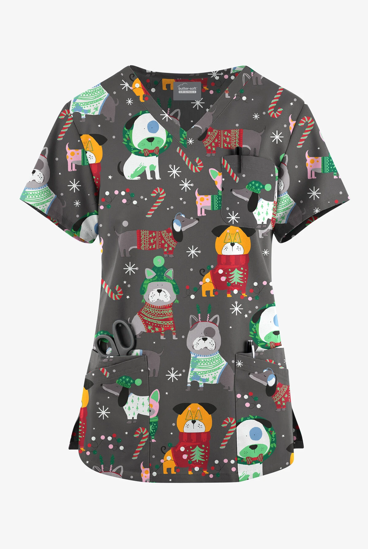 Butter-Soft Originals Cuddly Pups Pewter Women's 7-Pocket Rounded V-Neck Printed Scrub Top Butter-Soft Originals Cuddly Pups Pewter Women's 7-Pocket Rounded V-Neck Printed Scrub Top -Cherokee Shop H1638CPPW 092823 1