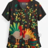 Butter-Soft Forest Turkeys Black Printed Women's 2-Pocket Scallop Neck Scrub Top