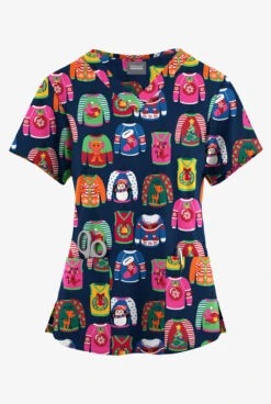 Butter-Soft Originals Christmas Sweaters Navy Women's 4-Pocket Rounded V-Neck Printed Scrub Top