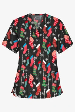 Butter-Soft Waiting For Santa Women's 3-Pocket V-Neck Print Scrub Top