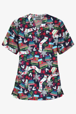 Butter-Soft Christmas Skate Navy Women's 3-Pocket V-Neck Print Scrub Top