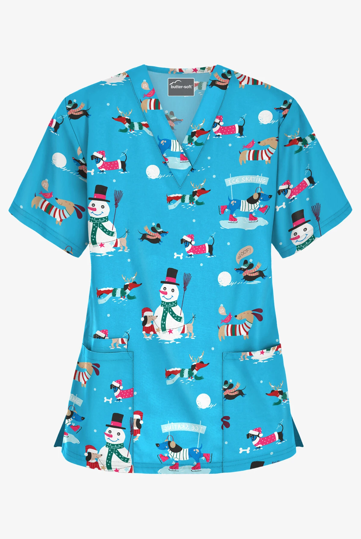 Butter-Soft Holiday Fun Turquoise Women's 3-Pocket V-Neck Print Scrub Top Butter-Soft Holiday Fun Turquoise Women's 3-Pocket V-Neck Print Scrub Top -Cherokee Shop H61HDT 1