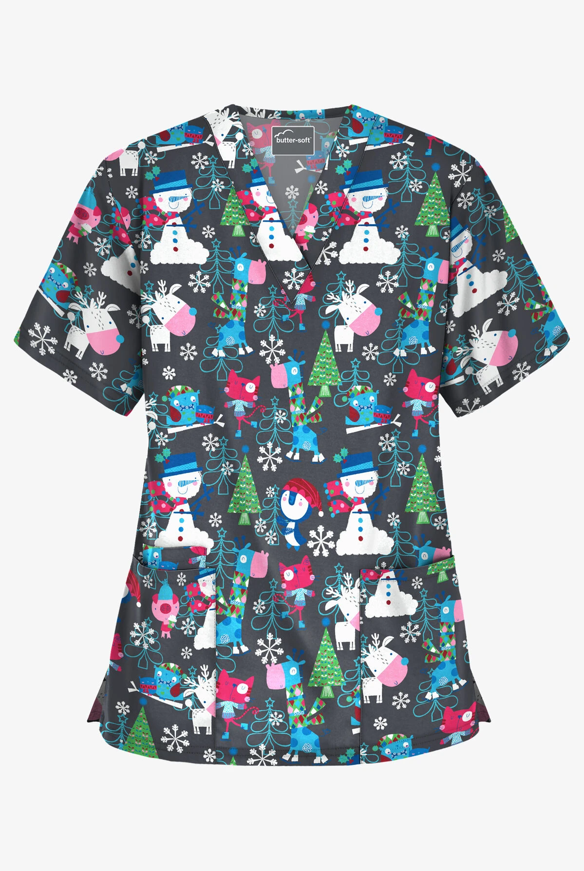 Butter-Soft Holiday Party Pewter Women's 3-Pocket V-Neck Print Scrub Top Butter-Soft Holiday Party Pewter Women's 3-Pocket V-Neck Print Scrub Top -Cherokee Shop H61HPG 1