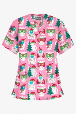 Butter-Soft Happy Monsters Pink Women's 3-Pocket V-Neck Print Scrub Top