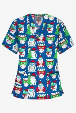 Butter-Soft Happy Monsters Royal Women's 3-Pocket V-Neck Print Scrub Top