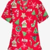 Butter-Soft Santa's Cookies Red Women's 3-Pocket V-Neck Print Scrub Top