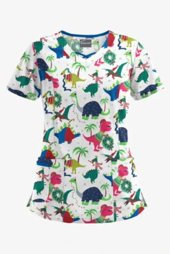 Butter-Soft Christmas Dinos Women's 3-Pocket Criss Cross Print Scrub Top