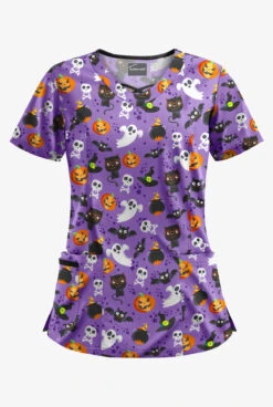 Butter-Soft Halloween Spell Purple Glow Women's 3-Pocket Criss Cross Print Scrub Top