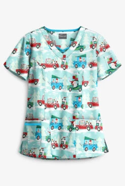 Butter-Soft Traveling With Santa Aqua Moon Women's 3-Pocket Criss Cross Print Scrub Top