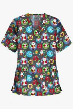 Butter-Soft Christmas Stickers Pewter Women's 2-Pocket Relaxed Fit V-Neck Print Scrub Top