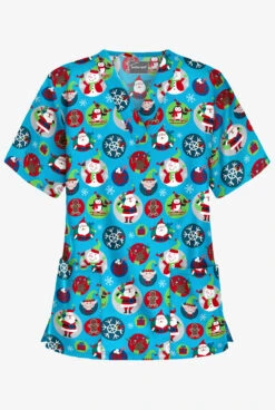 Butter-Soft Christmas Stickers Turquoise Women's 2-Pocket Relaxed Fit V-Neck Print Scrub Top