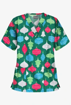 Butter-Soft Festive Ornaments Hunter Women's 2-Pocket Relaxed Fit V-Neck Print Scrub Top