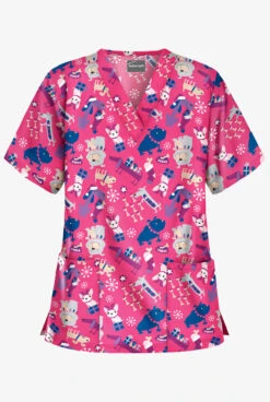 Butter-Soft Happy Holiday Dogs Fuchsia Women's 2-Pocket Relaxed Fit V-Neck Print Scrub Top