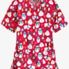 Butter-Soft North Pole Party Red Women's 2-Pocket Relaxed Fit V-Neck Print Scrub Top