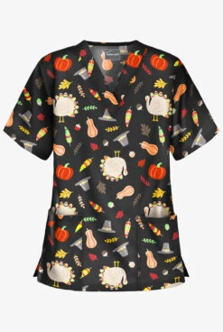 Butter-Soft Thanksgiving Walk Women's 2-Pocket Relaxed Fit V-Neck Print Scrub Top